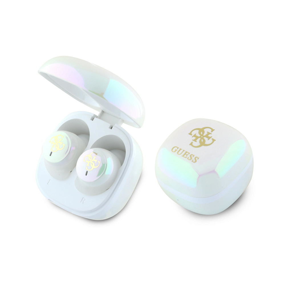 Guess Bluetooth ausinės GUTWSJ144ESH TWS + prijungimo stotelė balta/balta Iridescent 4G spausdintas logotipas