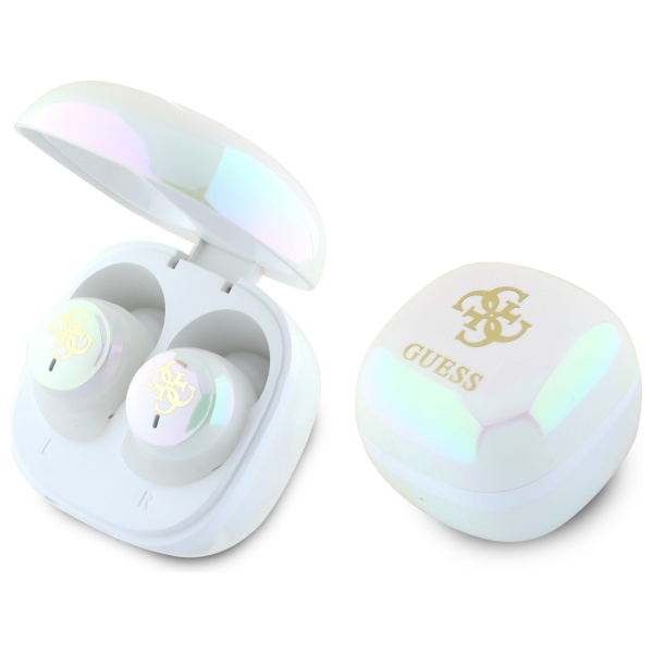 Guess Bluetooth ausinės GUTWSJ144ESH TWS + prijungimo stotelė balta/balta Iridescent 4G spausdintas logotipas