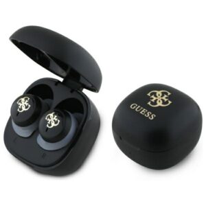 Guess Bluetooth ausinės GUTWSJ144ESK TWS + prijungimo stotelė juoda/juoda Iridescent 4G spausdintas logotipas