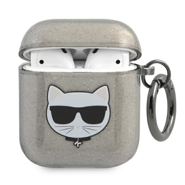 Karl Lagerfeld AirPods 1/2 dėklas – juodas, blizgus „Choupette“