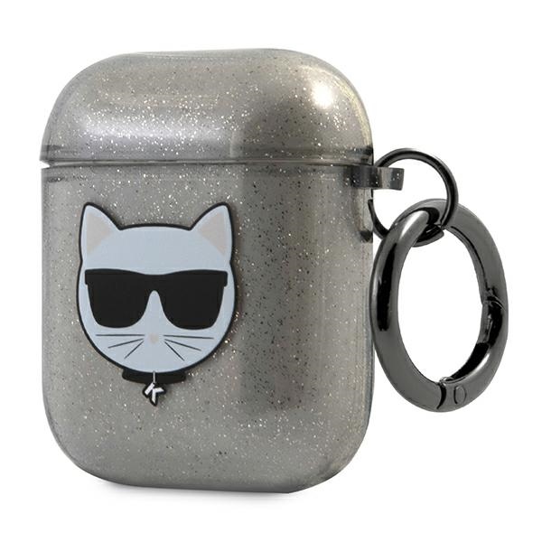 Karl Lagerfeld AirPods 1/2 dėklas – juodas, blizgus „Choupette“