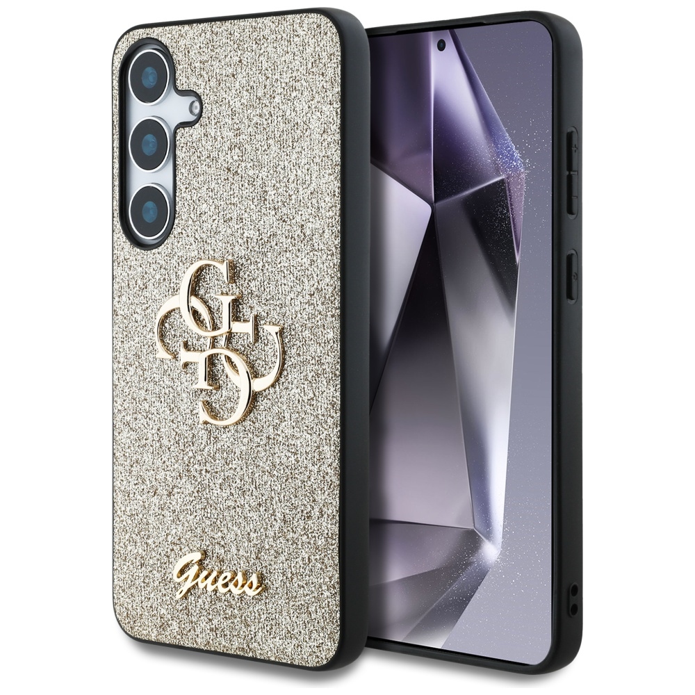 Guess blizgantis dėklas Samsung Galaxy S25 – auksinis