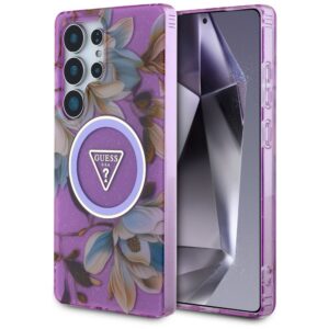 Guess Glitter Flowers Triangle Buttons MagSafe dėkliukas skirtas Samsung Galaxy S25 Ultra - violetinė