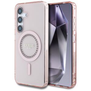 Guess MagSafe dėklas Galaxy S25 – rožinis su cirkoniais