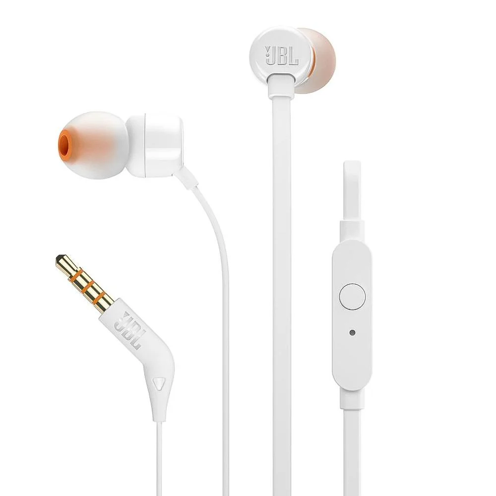 JBL T110 laidinės į ausis įdedamos ausinės, mini lizdas 3,5 mm – baltas