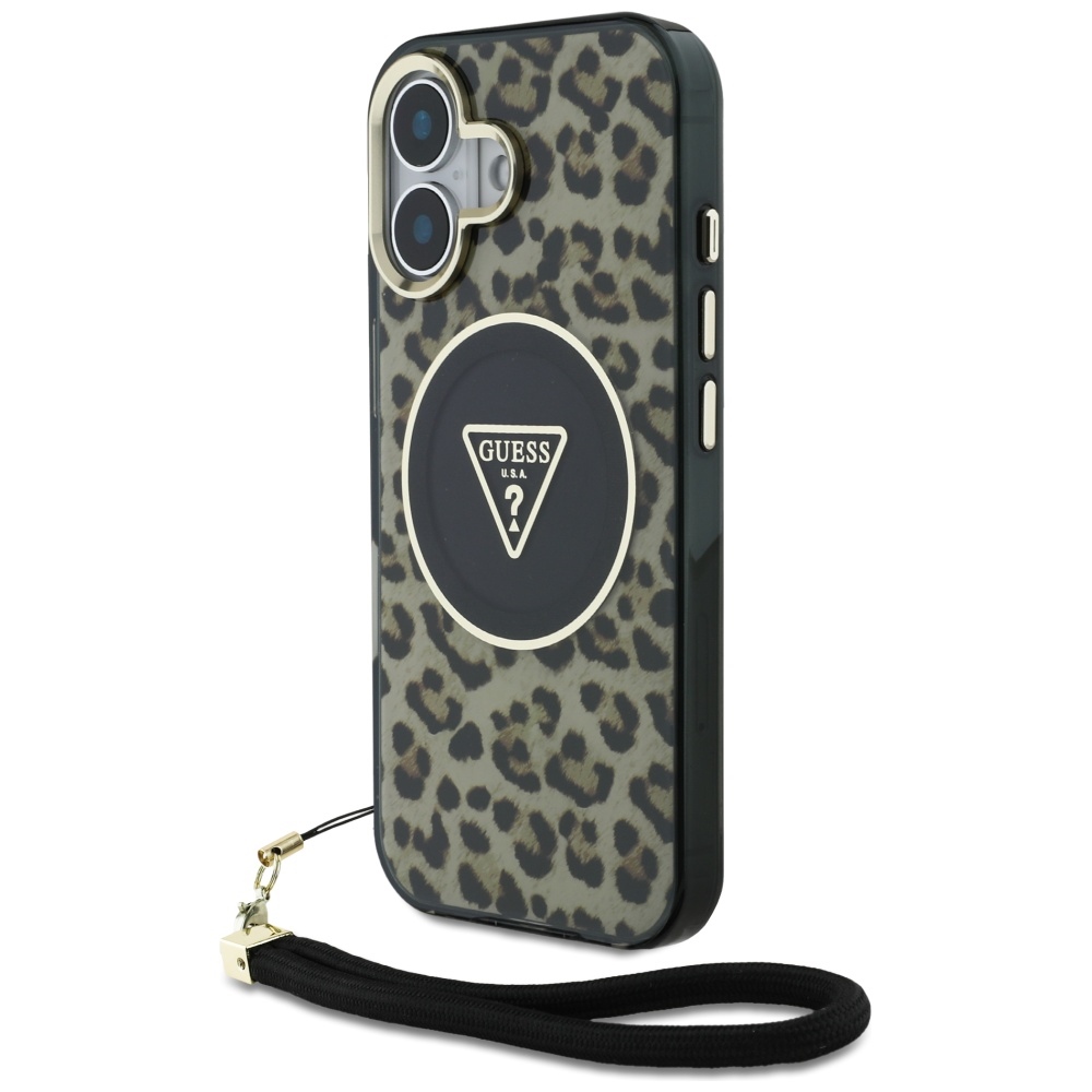 Guess MagSafe dėklas iPhone 16 – rudas su dirželiu