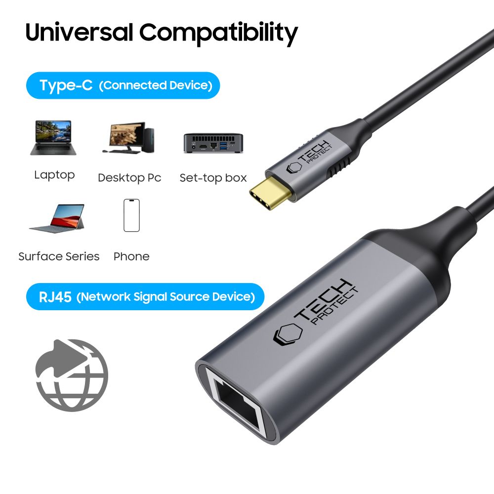 Adapteris Tech-Protect UltraBoost Type-C į Ethernet RJ45 1000Mbps, juodas