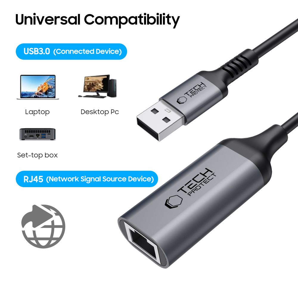 Adapteris Tech-Protect UltraBoost USB 3.0 į Ethernet RJ45 1000Mbps, juodas
