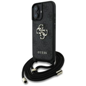 Guess 4G dėklas iPhone 16 – juodas su dirželiu