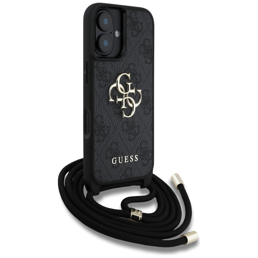 Guess 4G dėklas iPhone 16 – juodas su dirželiu