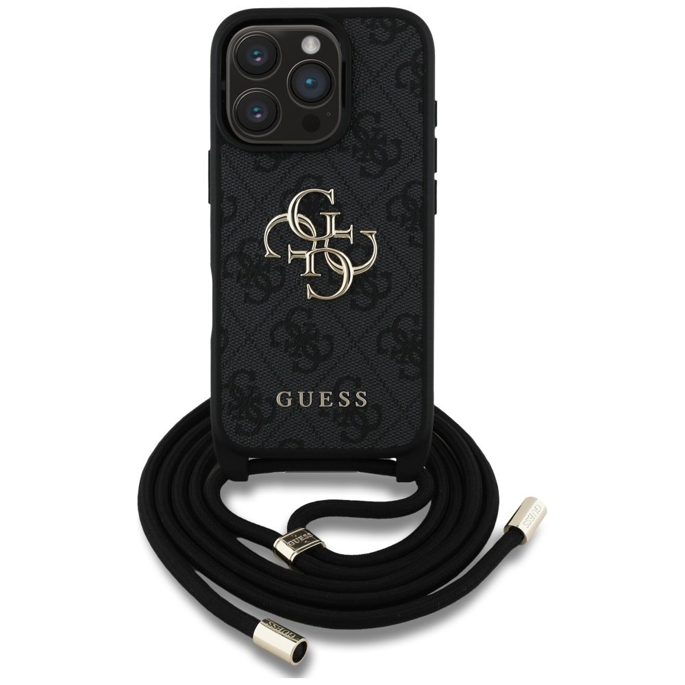 Guess 4G dėklas su dirželiu iPhone 16 Pro – juodas