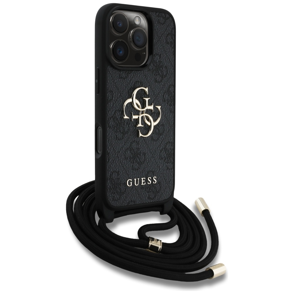 Guess 4G dėklas su dirželiu iPhone 16 Pro – juodas
