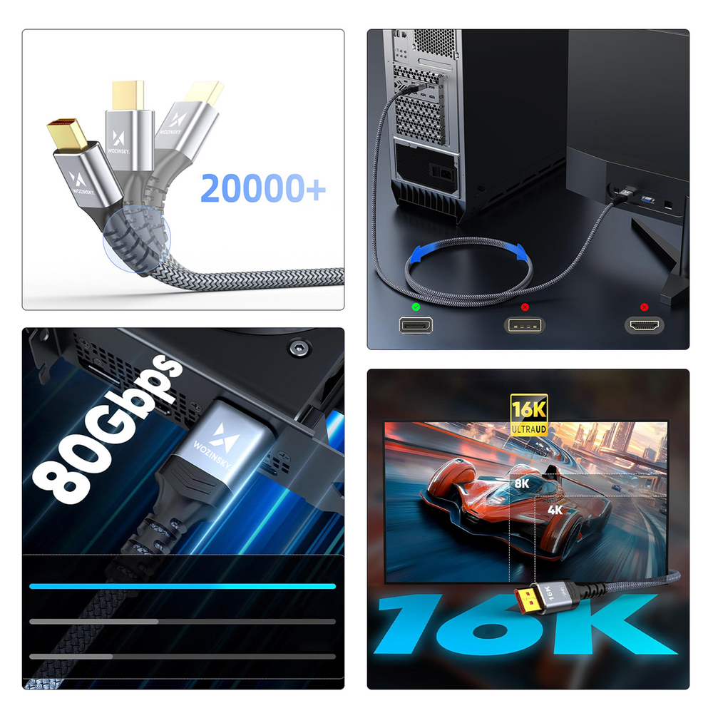 Wozinsky WPS-16AYL1S DisplayPort 2.1 kabelis 80 Gb/s 16K@60Hz 8K@120Hz 4K@240Hz HDR HDCP DSC 1m - juodas
