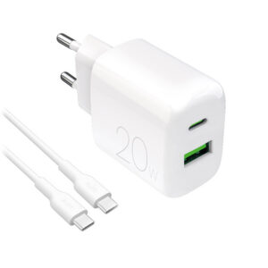 Puro PROLITE 20W USB-A / USB-C sieninis įkroviklis + USB-C - USB-C laidas 1.2m - baltas