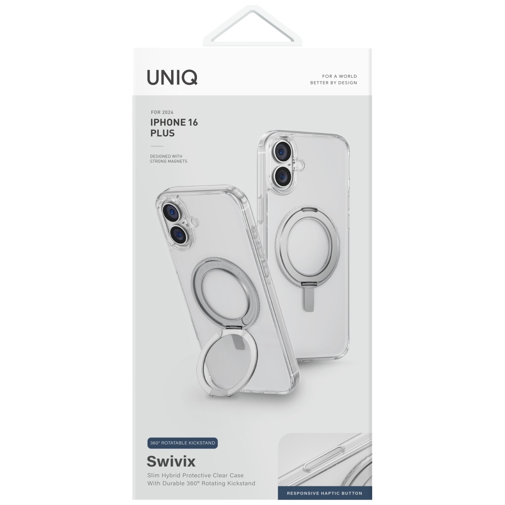 Uniq Swivix 360 dėklas iPhone 16 Plus – skaidrus
