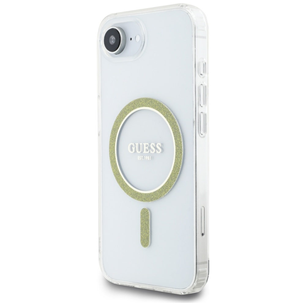 Guess MagSafe dėklas iPhone 16e – skaidrus, blizgus