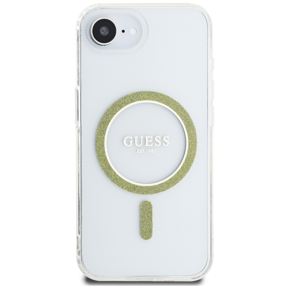 Guess MagSafe dėklas iPhone 16e – skaidrus, blizgus