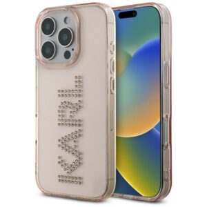 Karl Lagerfeld dėklas iPhone 16 Pro – rožinis, su kristalais