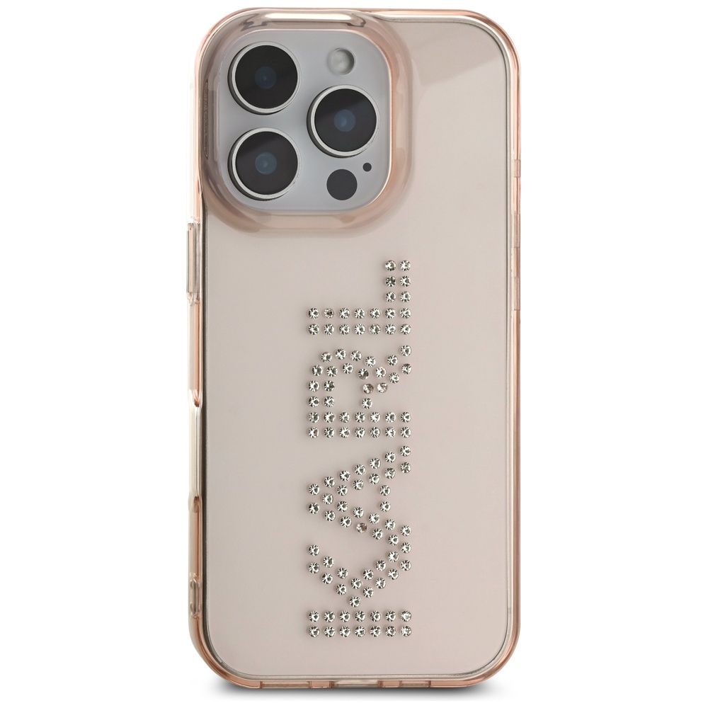 Karl Lagerfeld dėklas iPhone 16 Pro – rožinis, su kristalais