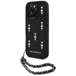 Karl Lagerfeld dėklas iPhone 16 Pro – juodas su grandinėle