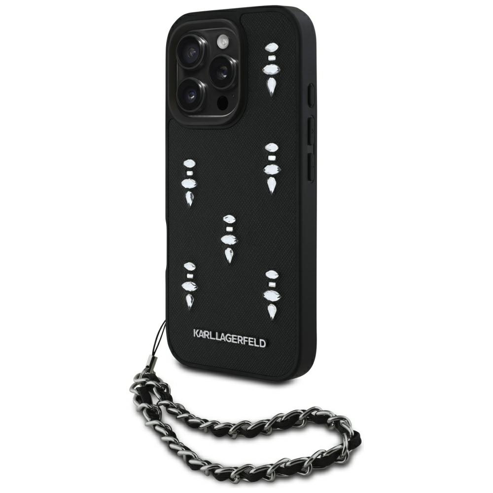 Karl Lagerfeld dėklas iPhone 16 Pro – juodas su grandinėle