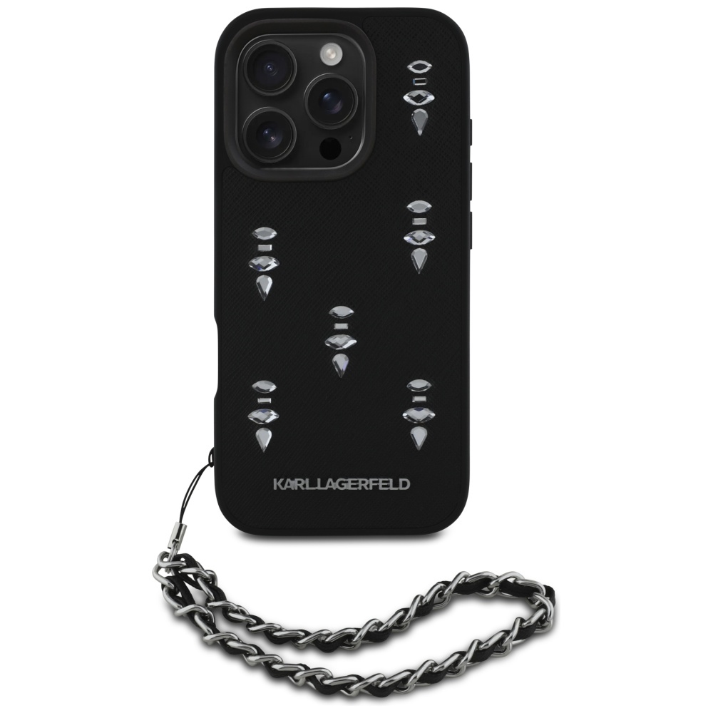Karl Lagerfeld dėklas iPhone 16 Pro – juodas su grandinėle
