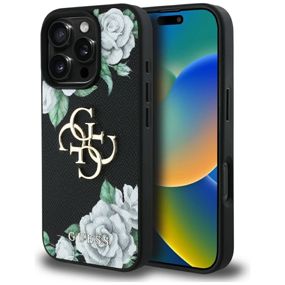 Guess Grained Roses dėklas iPhone 16 Pro – juodas