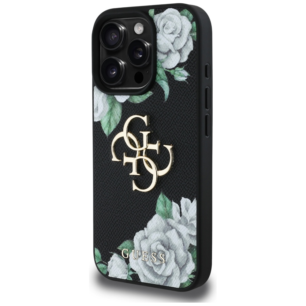 Guess Grained Roses dėklas iPhone 16 Pro – juodas