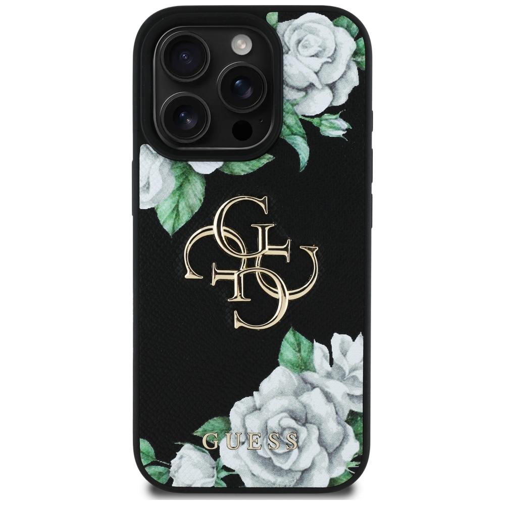 Guess Grained Roses dėklas iPhone 16 Pro – juodas
