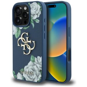 Guess Grained Roses 4G dėklas iPhone 16 Pro – mėlynas