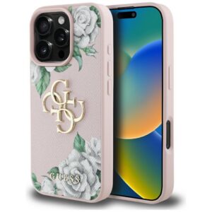 Guess Grained Roses Big 4G logo dėklas iPhone 16 Pro – rožinis