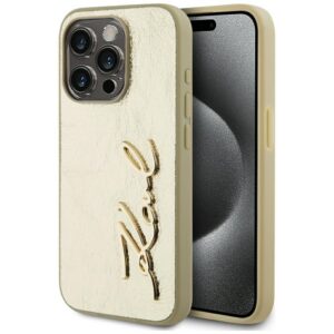 Karl Lagerfeld Wrinkled Metal Signature dėklas iPhone 15 Pro – auksinis