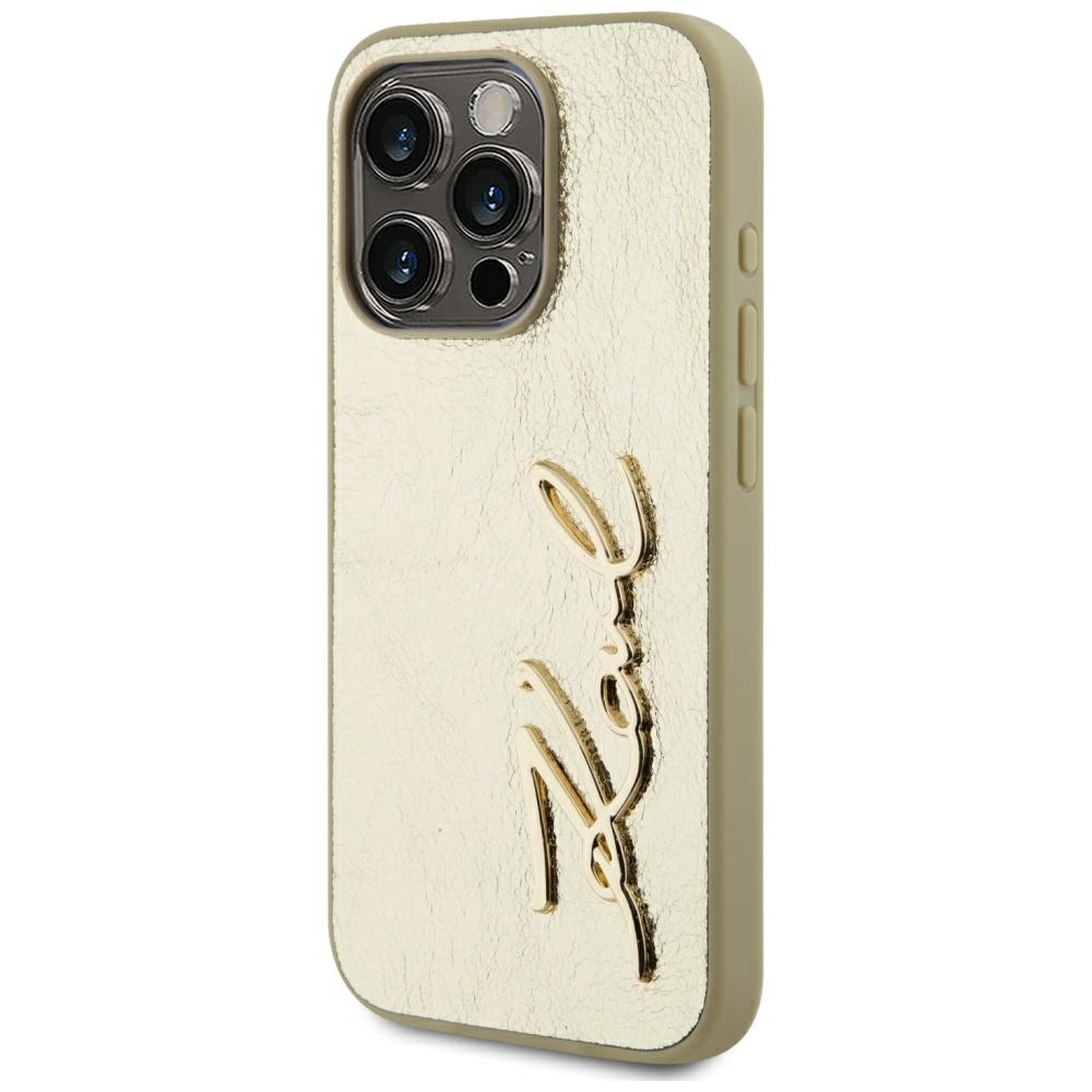 Karl Lagerfeld Wrinkled Metal Signature dėklas iPhone 15 Pro – auksinis
