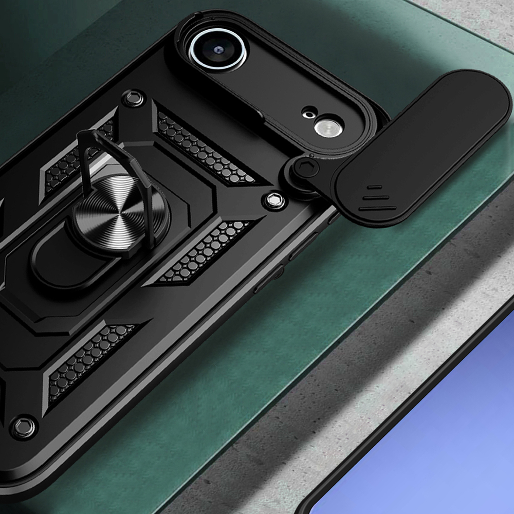Šarvuotas dėklas iPhone 17 Air su stovu ir kameros dangteliu – juodas