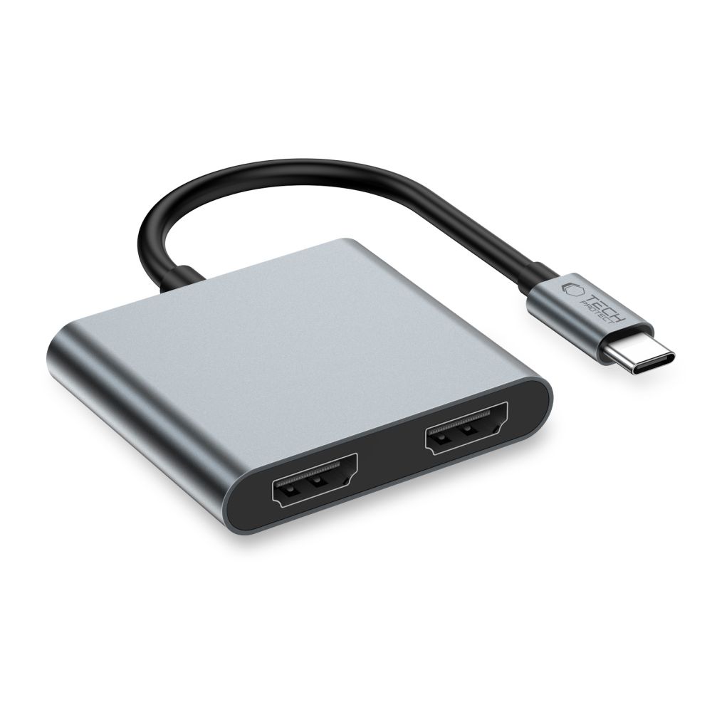 Adapteris Tech-Protect HB08 Hub 4in1 Type-C + USB2.0 + 2x HDMI 4K 60Hz, kosminės pilkos spalvos