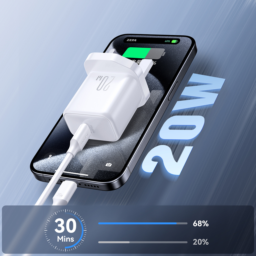 Joyroom JR-TCF20 PD 20W sieninis įkroviklis (UK kištukas) su 1m USB-C laidu - baltas