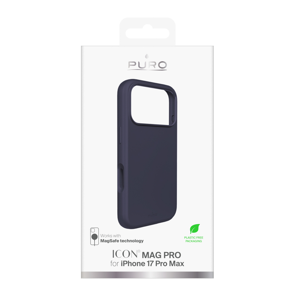 Puro Icon Mag Pro Liquid Silicone Case, skirtas iPhone 17 Pro Max, MagSafe Suderinamas su fotoaparato apsauga ir aliuminio mygtukais – tamsiai mėlyna