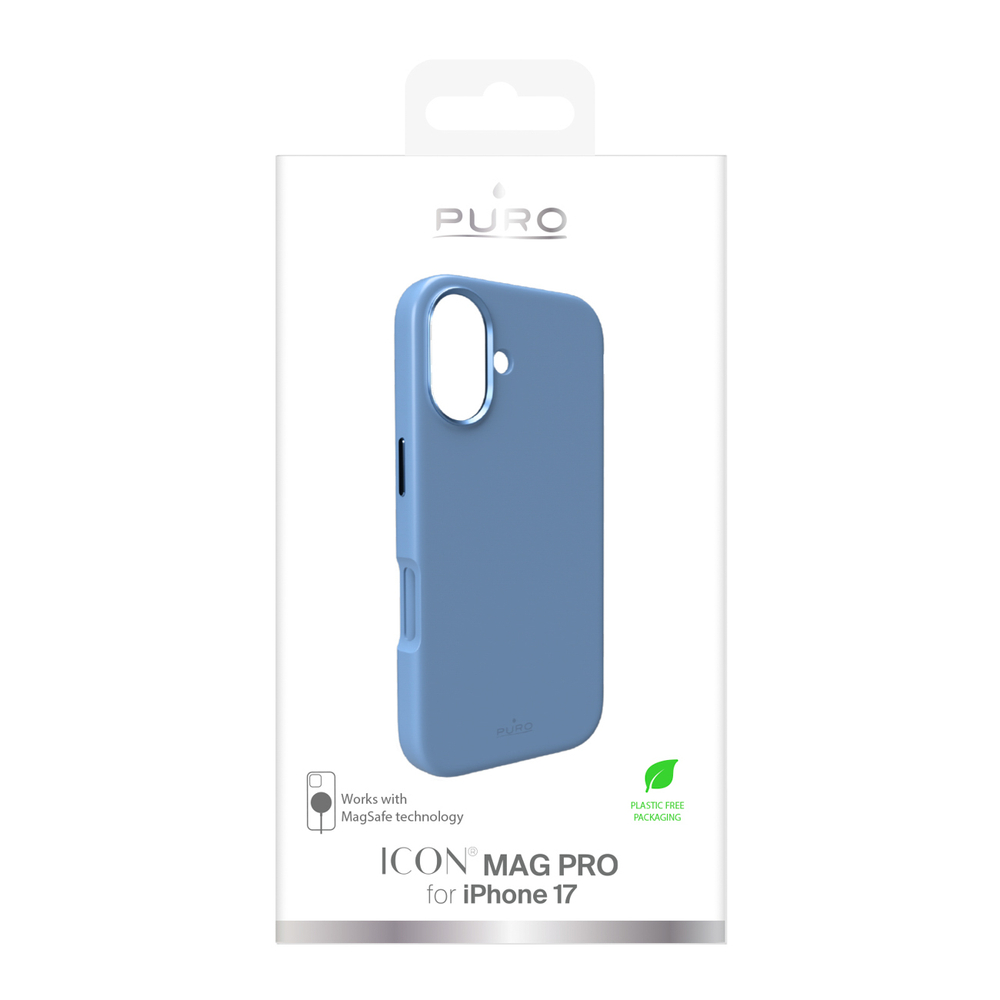 Puro Icon Mag Pro skystojo silikono dėklas iPhone 17, suderinamas su MagSafe, su kameros apsauga ir aliuminio mygtukais - Mėlynas