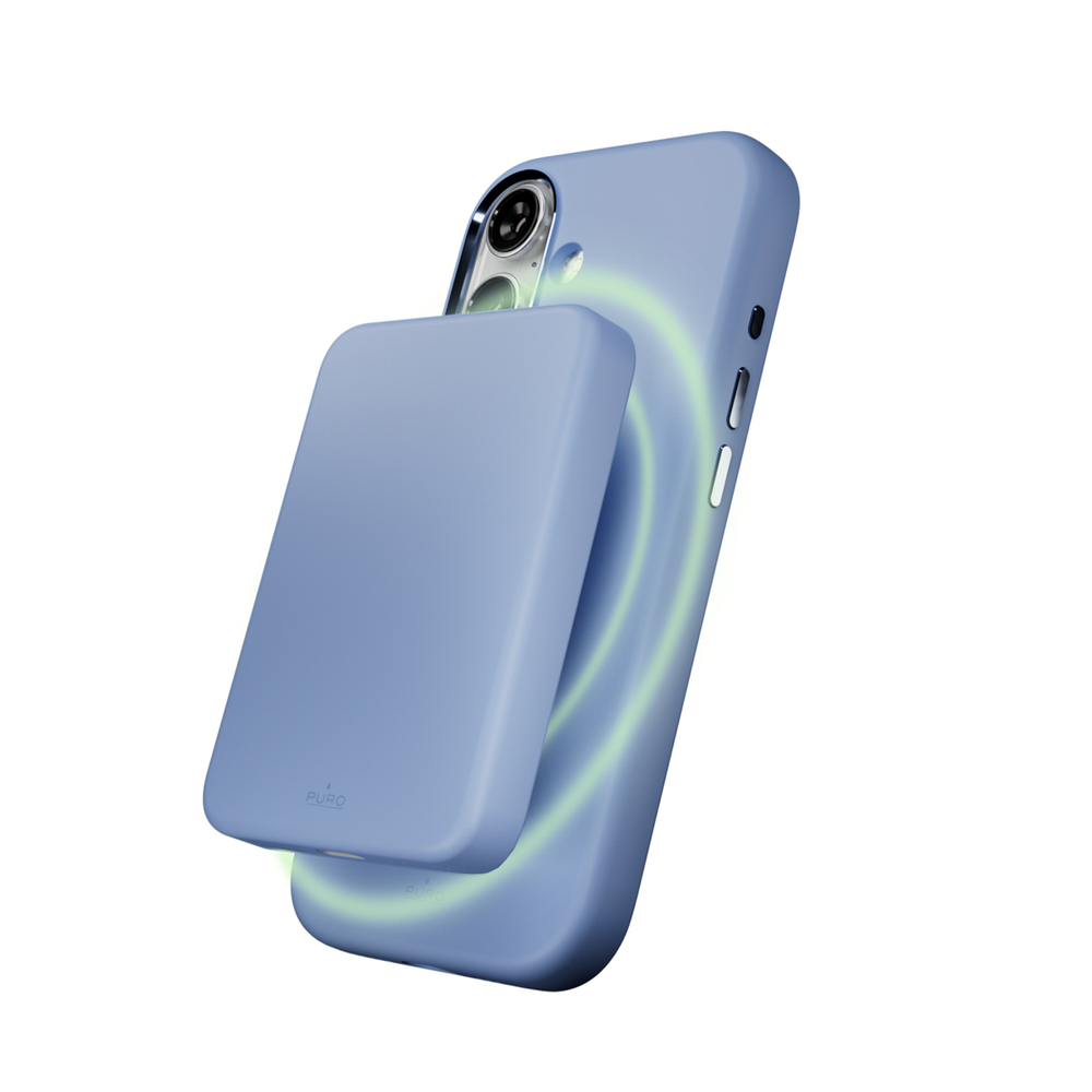 Puro Icon Mag Pro skystojo silikono dėklas iPhone 17, suderinamas su MagSafe, su kameros apsauga ir aliuminio mygtukais - Mėlynas