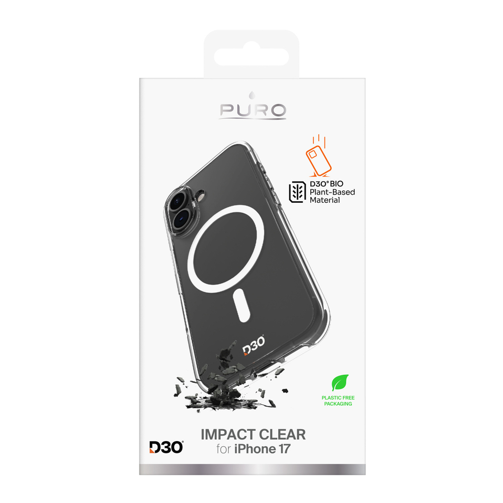 Puro Impact Clear D3O MagSafe dėklas iPhone 17 – skaidrus