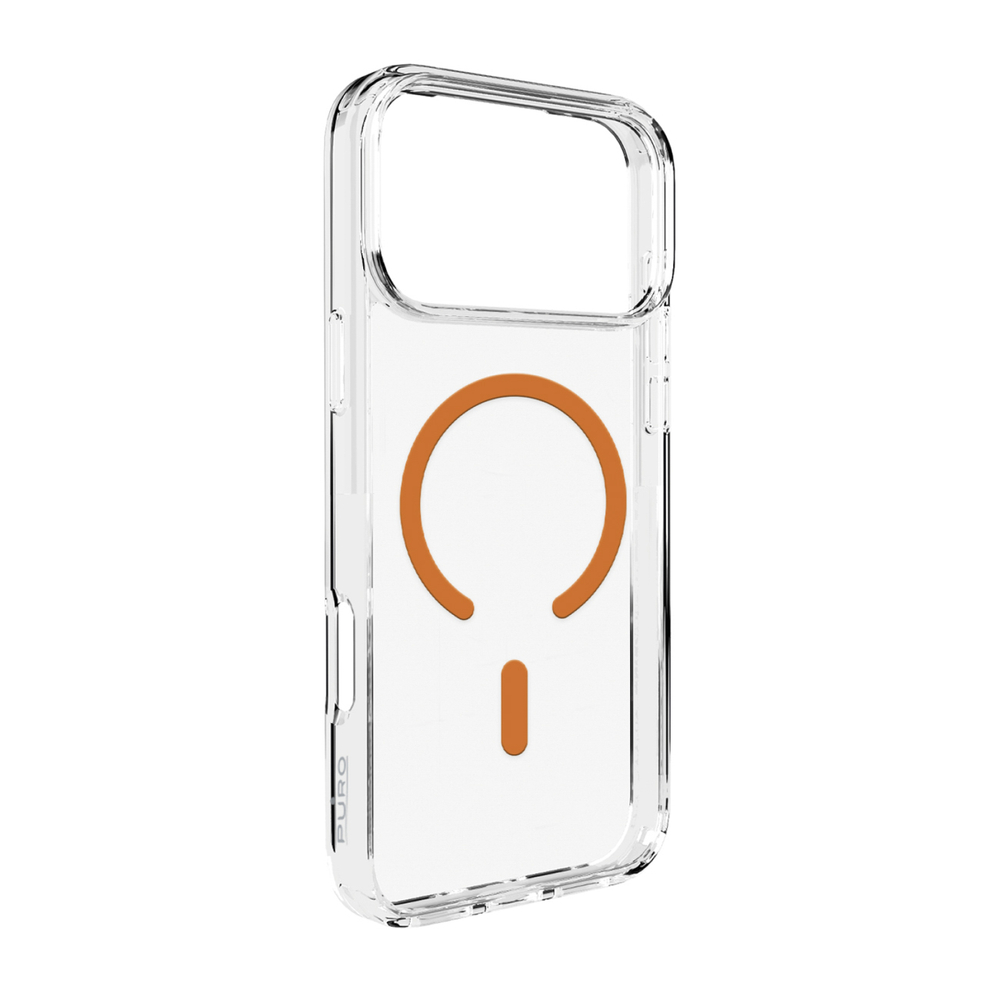 Puro Lite Mag TPU+PC Dėklas, suderinamas su MagSafe, skirtas iPhone 17 Pro Max - skaidrus su oranžiniu žiedu