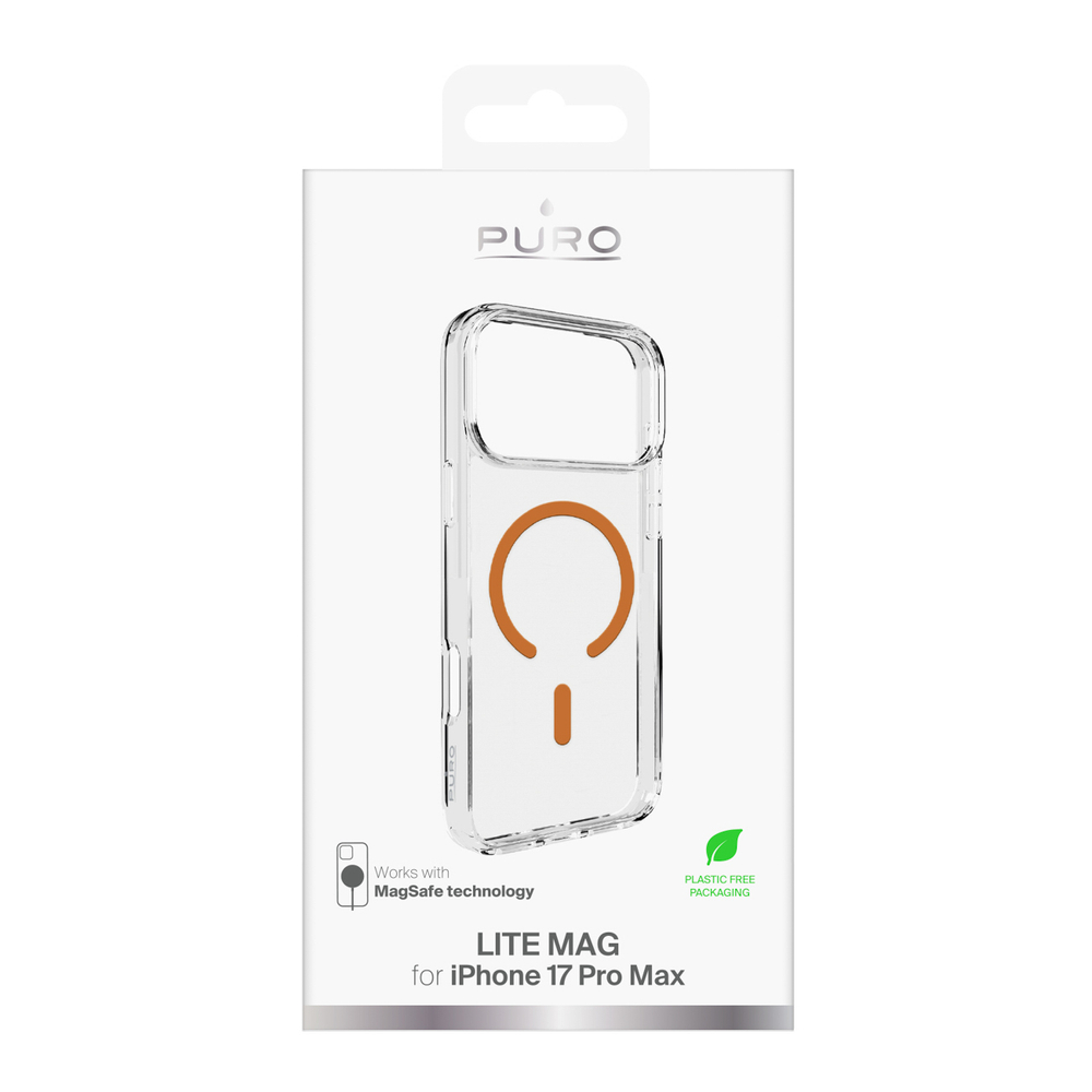 Puro Lite Mag TPU+PC Dėklas, suderinamas su MagSafe, skirtas iPhone 17 Pro Max - skaidrus su oranžiniu žiedu