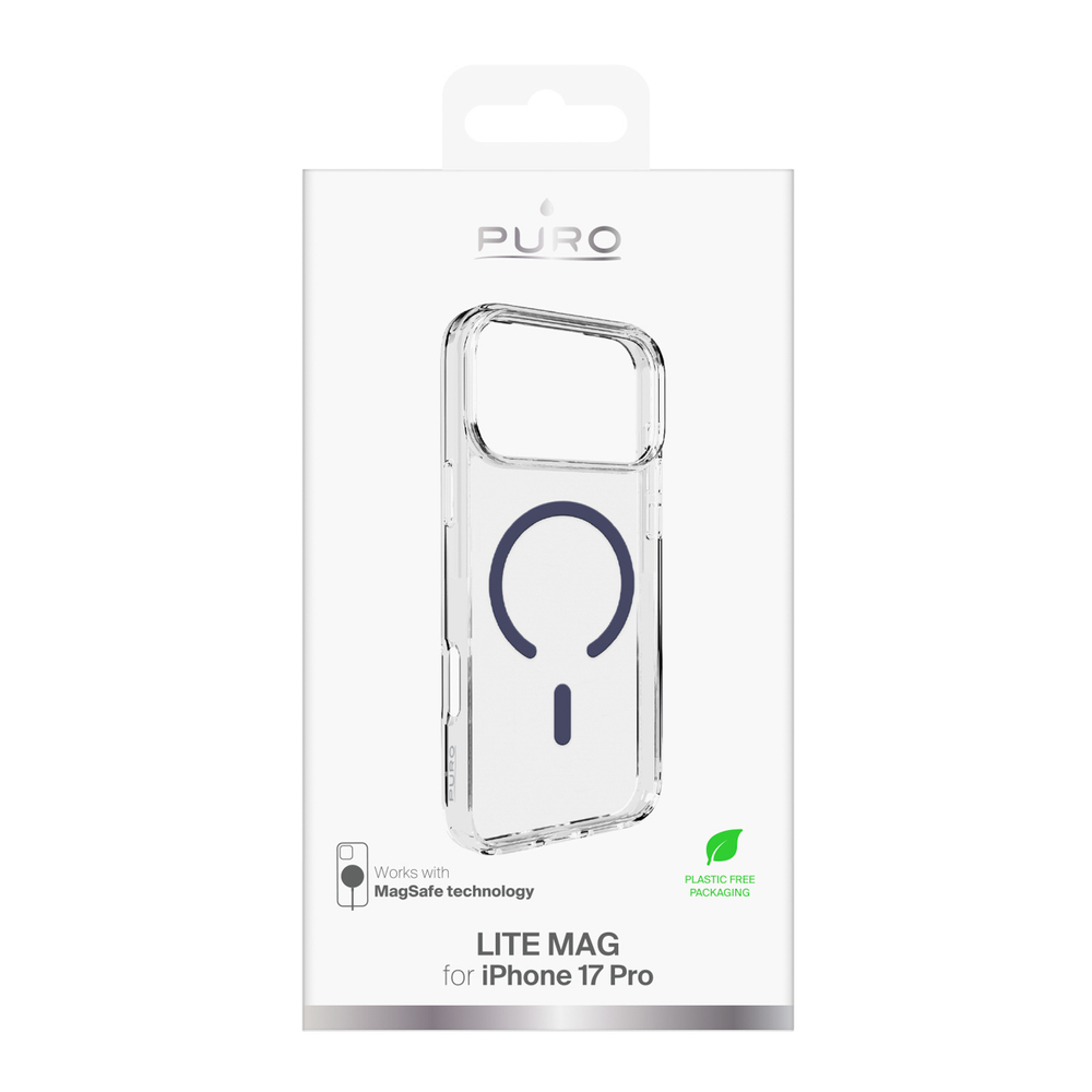 Puro Lite Mag TPU+PC Dėklas su MagSafe palaikymu iPhone 17 Pro - Skaidrus su mėlynu žiedu