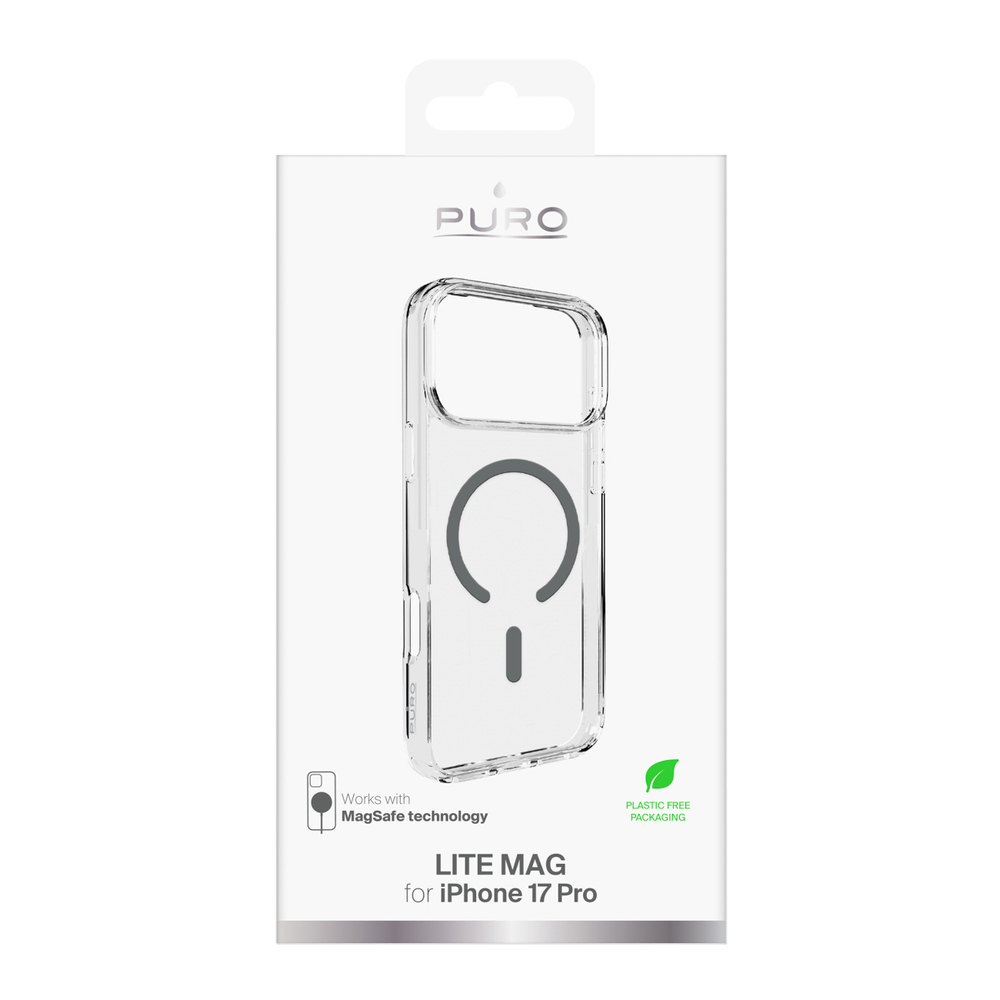 Puro Lite Mag TPU+PC dėklas, suderinamas su MagSafe, skirtas iPhone 17 Pro - Transparent with Gray Ring