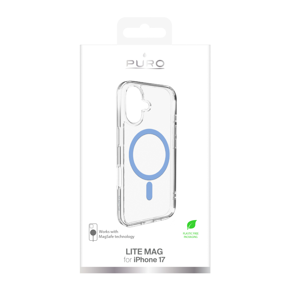 Puro Lite MagSafe dėklas iPhone 17 – skaidrus su mėlynu žiedu
