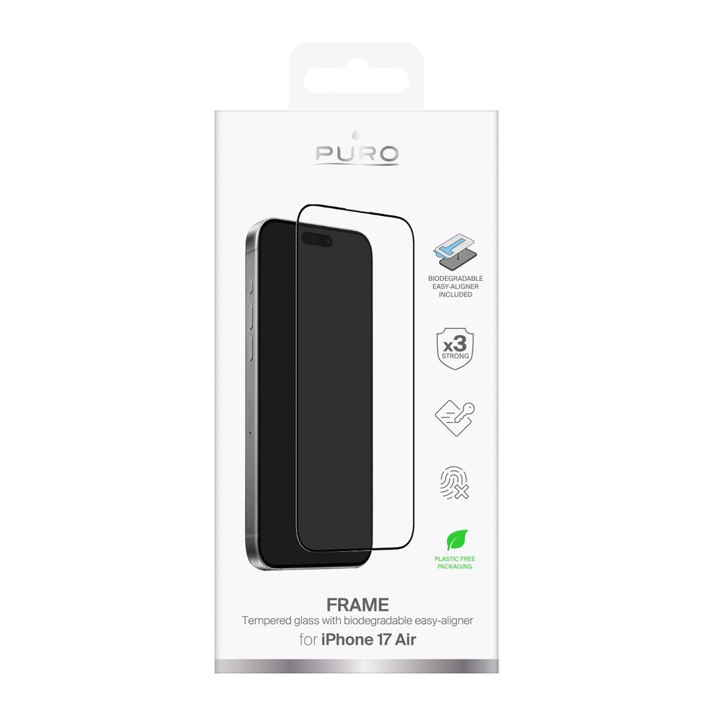 Puro Frame grūdintas stiklas iPhone 17 Air – juodas rėmelis