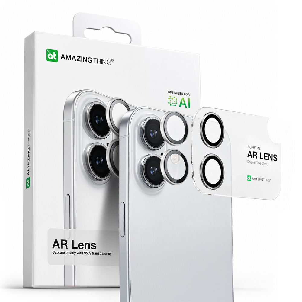 AmazingThing kameros stiklas iPhone 17 – sidabrinis