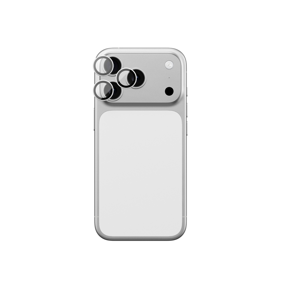 AmazingThing Objektyvo stiklas, skirtas iPhone 17 Pro / Pro Max su sidabriniu aliuminio rėmeliu