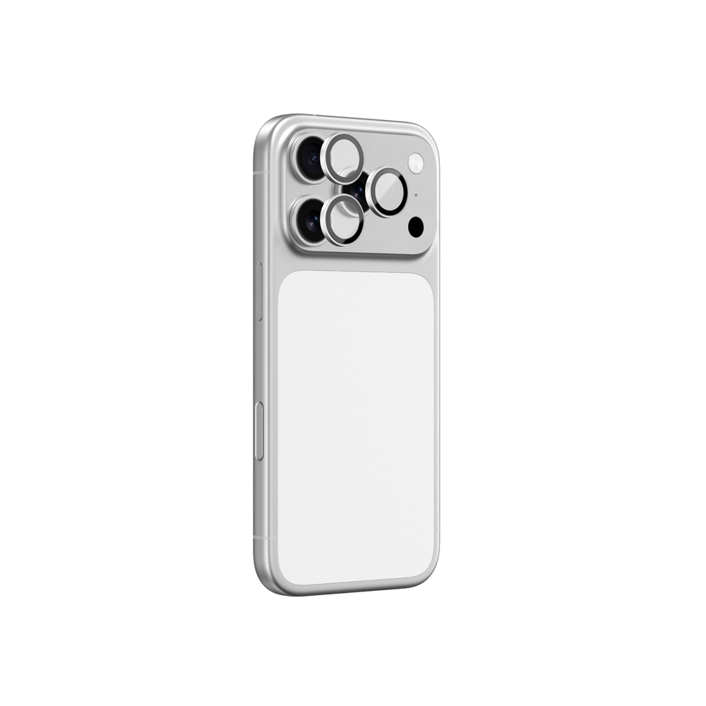 AmazingThing Objektyvo stiklas, skirtas iPhone 17 Pro / Pro Max su sidabriniu aliuminio rėmeliu