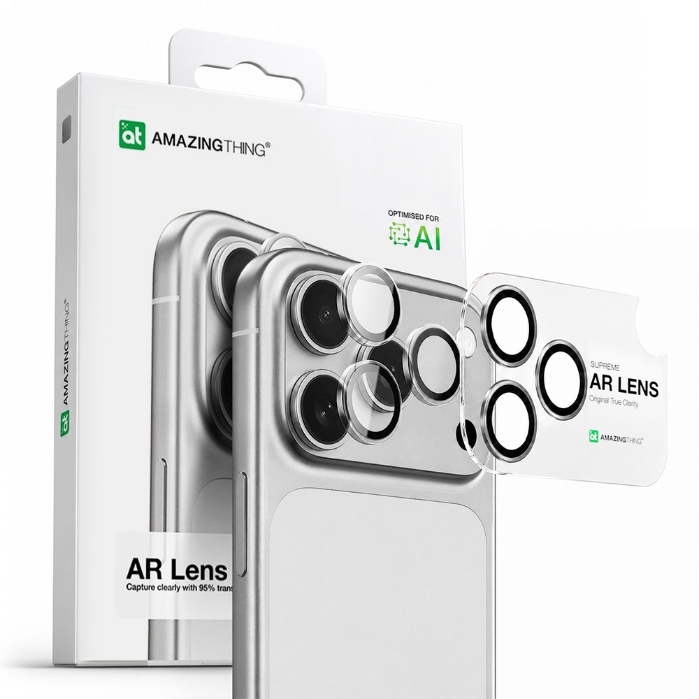 AmazingThing kameros stiklas iPhone 17 Pro/Pro Max – juodas